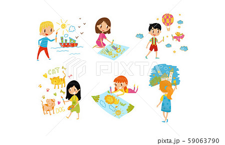 Small Kids Painting On Paper With Paints Vector Illustration Set 59063790