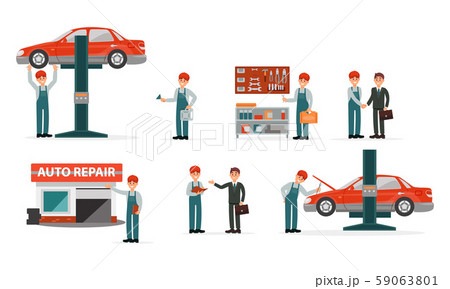 Auto Repair Service Center Vector Illustrations Set. Tire Servicing Person Working 59063801