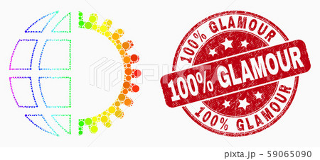 Vector Rainbow Colored Dotted Global Service Icon and Distress 100 Percent Glamour Seal 59065090