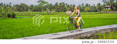 A young woman rides a bicycle on a rice field in Ubud, Bali. Bali Travel Concept BANNER, LONG FORMAT 59065554
