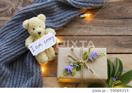 i am sorry message card handwriting with gift box , light ,teddy bear and knitting wool scarf in winter i am sorry message card handwriting with gift box , light ,teddy bear and knitting wool scarf in winter 59066354
