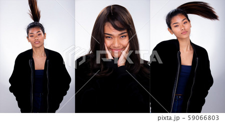 skinny tanned skin Asian Woman black hair wear fur 59066803