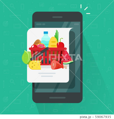 Internet food delivery or order via mobile phone vector illustration, flat cartoon cellphone and 59067935