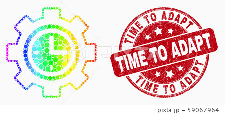 Vector Rainbow Colored Dotted Clock Setup Wheel Icon and Distress Time to Adapt Stamp Seal Vector Rainbow Colored Dotted Clock Setup Wheel Icon and Distress Time to Adapt Stamp Seal 59067964