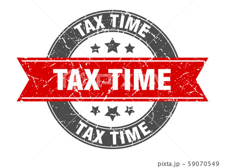 tax time round stamp with red ribbon. tax time 59070549