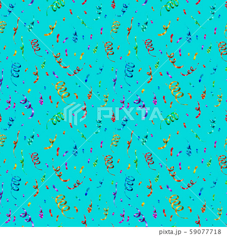 Bright colorful confetti and serpentine on blue background, anniversary party seamless pattern 59077718