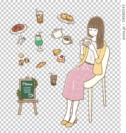 カフェメニューとカフェで休憩する女性のイラスト素材