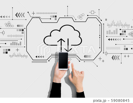 Cloud computing with person using a smartphone 59080845