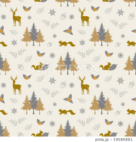 Winter holiday seamless repeat pattern with animal wildlife in the forest,traditional symbols for happy Christmas,celebrate party,decorative,textile,print or wrapping paper 59080881