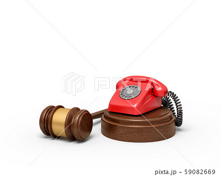 3d rendering of red retro telephone standing on sounding block with gavel beside. 59082669