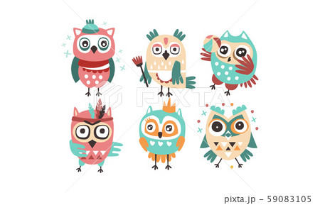 Set of humanized stylish owls. Vector illustration on a white background. Set of humanized stylish owls. Vector illustration on a white background. 59083105