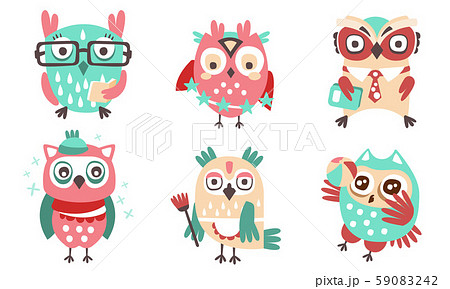 Set of cute humanized owls with accessories. Vector illustration. 59083242