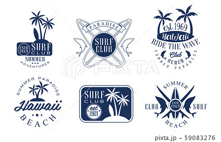 Set Of Blue Contour Logos For The Surf Club のイラスト素材
