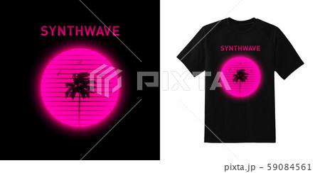 Synthwave. Miami beach palm tree and seagulls silhouettes on striped glowing sun background 59084561