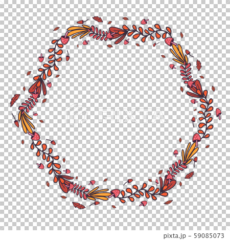 Retro hand drawn set with autumn leaf and musgrooms in hexagon wreath for concept design. 59085073