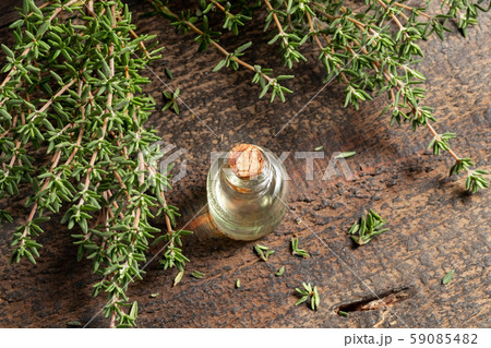 A bottle of thyme essential oil with fresh thyme A bottle of thyme essential oil with fresh thyme 59085482