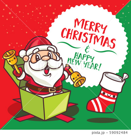 Merry Christmas! Santa Claus holding Christmas bells sit inside gift present wishing Merry Christmas. - vector Merry Christmas! Santa Claus holding Christmas bells sit inside gift present wishing Merry Christmas. - vector 59092484