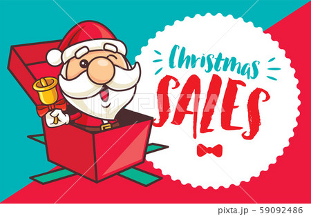 Christmas Sale! Santa Claus holding Christmas bell sit inside gift present with Christmas Sales signboard. - vector Christmas Sale! Santa Claus holding Christmas bell sit inside gift present with Christmas Sales signboard. - vector 59092486