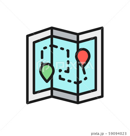 Map with location pin, delivery package route, logistics flat color icon. Map with location pin, delivery package route, logistics flat color icon. 59094023
