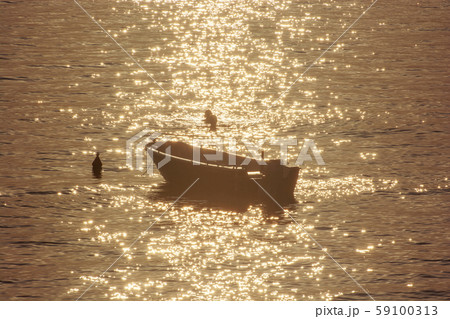 Swimmers and motor boat, sunrise in Mediterranean Swimmers and motor boat, sunrise in Mediterranean 59100313