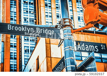 Street sign (nameplate) of Brooklyn Bridge and Street sign (nameplate) of Brooklyn Bridge and 59102037