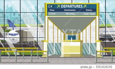 Departure board in the airport terminal with Nicosia caption. Travel to Cyprus cartoon illustration Departure board in the airport terminal with Nicosia caption. Travel to Cyprus cartoon illustration 59102630
