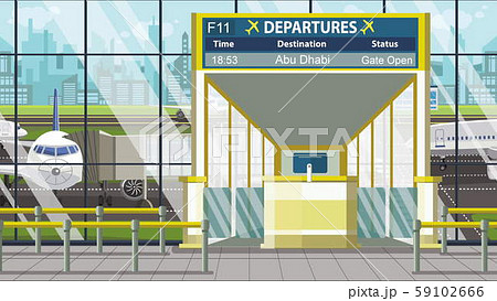 Airport terminal. Departure board above the gate with Abu Dhabi text. Travel to United Arab Emirates Airport terminal. Departure board above the gate with Abu Dhabi text. Travel to United Arab Emirates 59102666