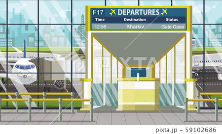 Flight to Kharkiv on airport departure board. Trip to Ukraine cartoon illustration Flight to Kharkiv on airport departure board. Trip to Ukraine cartoon illustration 59102686