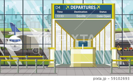 Flight to Seville on airport departure board. Trip to Spain cartoon illustration Flight to Seville on airport departure board. Trip to Spain cartoon illustration 59102693