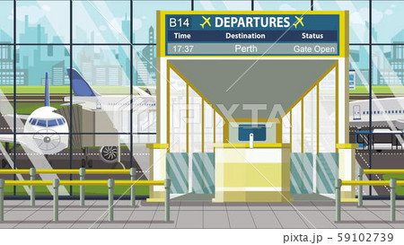 Flight to Perth on airport departure board. Trip to Australia cartoon illustration Flight to Perth on airport departure board. Trip to Australia cartoon illustration 59102739