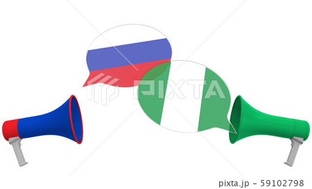 Flags of Nigeria and Russia on speech bubbles with loudspeakers. Intercultural dialogue or Flags of Nigeria and Russia on speech bubbles with loudspeakers. Intercultural dialogue or 59102798