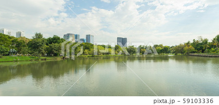 Panorama view of City public park with lake and green trees in background. 59103336
