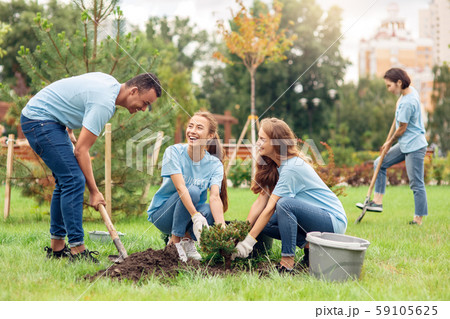 Volunteering. Young people volunteers outdoors planting trees digging ground talking cheerful Volunteering. Young people volunteers outdoors planting trees digging ground talking cheerful 59105625