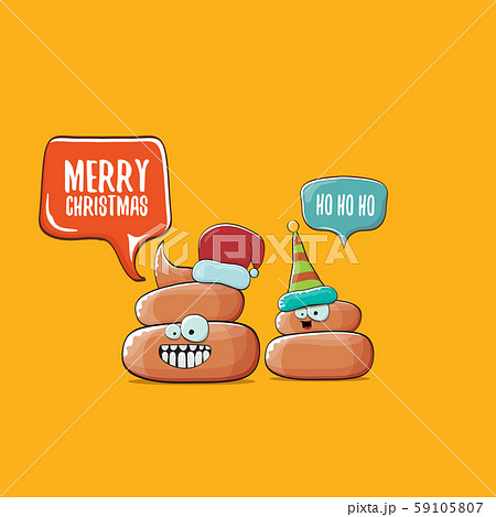 Funky christmas hand drawn greeting card. vector funny cartoon cool tiny brown poo character with 59105807