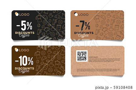 Discount card or voucher with line pattern of coffee beans, cups and breakfast food 59108408