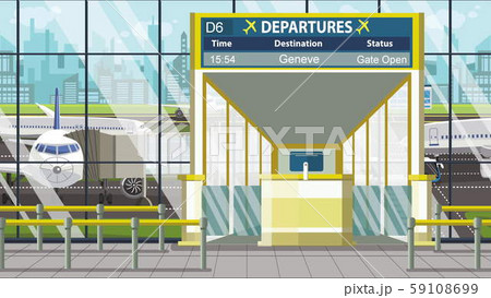 Airport departure board with Geneve caption. Travel in Switzerland related cartoon illustration 59108699