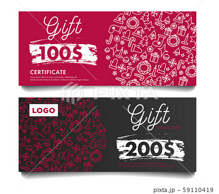Christmas sale vector gift voucher cards with money in dollars and vector linear doodle pattern Christmas sale vector gift voucher cards with money in dollars and vector linear doodle pattern 59110419