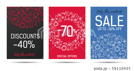 Set of leaflets or posters for Christmas sale season with flat open colors, linear doodle icons 59110435