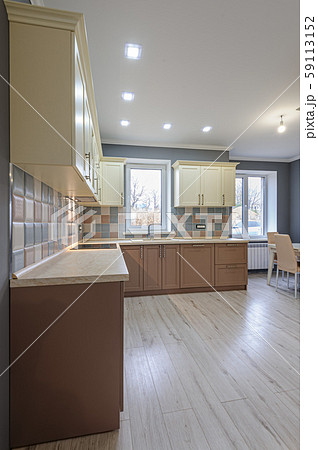 Luxury modern provence styled grey, pink and cream kitchen interior 59113152