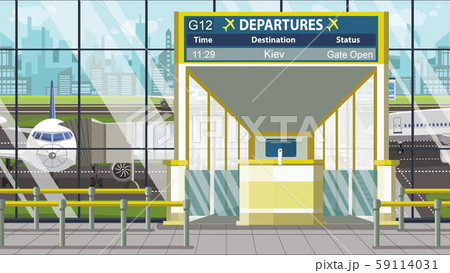 Airport terminal. Departure board above the gate with Kiev text. Travel to Ukraine cartoon 59114031