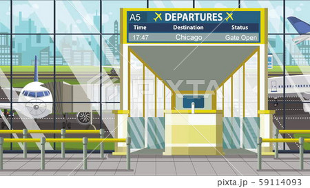 Airport gate. Departure board with Chicago text. Travel to the United States related cartoon 59114093
