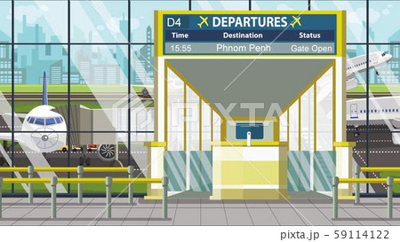 Airport gate. Departure board with Phnom Penh text. Travel to Cambodia related cartoon illustration 59114122