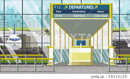 Airport terminal. Departure board above the gate with Istanbul text. Travel to Turkey cartoon Airport terminal. Departure board above the gate with Istanbul text. Travel to Turkey cartoon 59114129