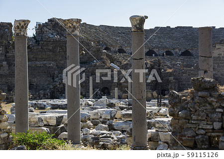 Ruins of the ancient city of Side and the Amphitheatre photo with the bird flight. Ruins of the ancient city of Side and the Amphitheatre photo with the bird flight. 59115126