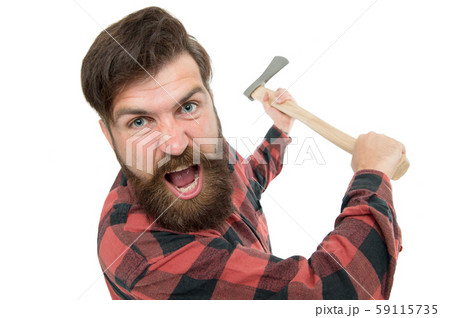 I hate it. Crazy man with axe isolated on white. I hate it. Crazy man with axe isolated on white. 59115735
