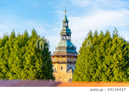 Detailed view of tower of St George Church in Horni Slavkov. Sunny autumn day. Czech Republic 59116487