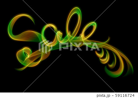 SALE word made of fire or smoke in green and red colors in hot sparkly design on black background 59116724