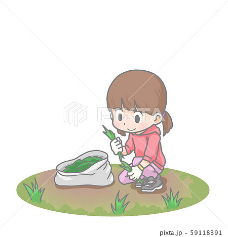 草むしりをする女の子のイラストのイラスト素材