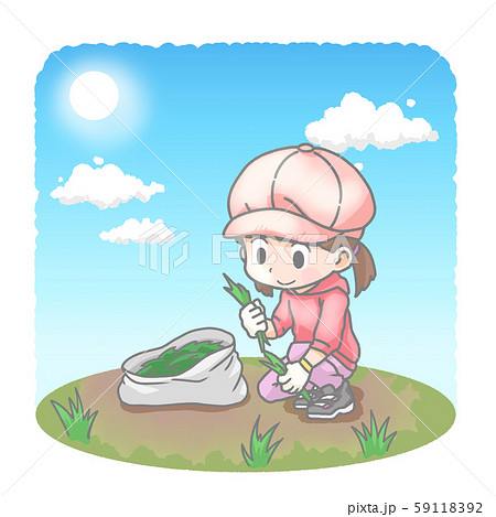 草むしりをする女の子のイラストのイラスト素材