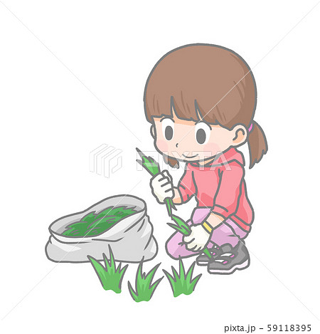 草むしりをする女の子のイラストのイラスト素材